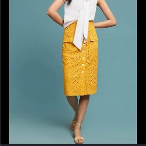 Anthropologie x Tracy Reese Yellow Eyelet Midi Skirt